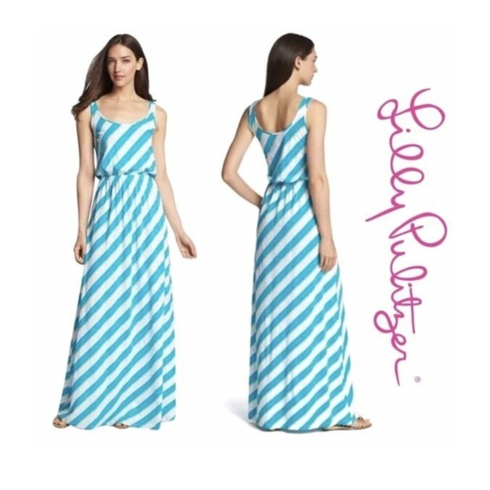 Lilly Pulitzer M Maxi Dress Tria Turquoise Roper Stripe Blue White Green Summer